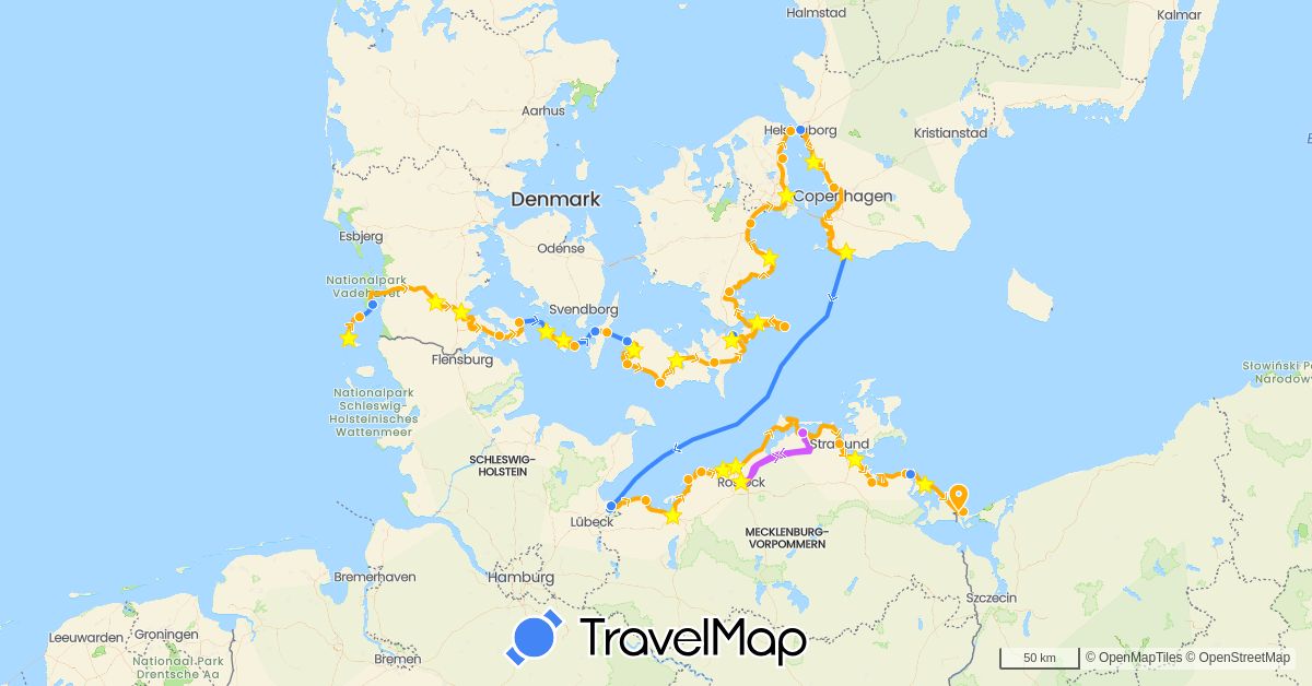 TravelMap itinerary: driving, fahrrad, fähre, zug in Germany, Denmark, Poland, Sweden (Europe)