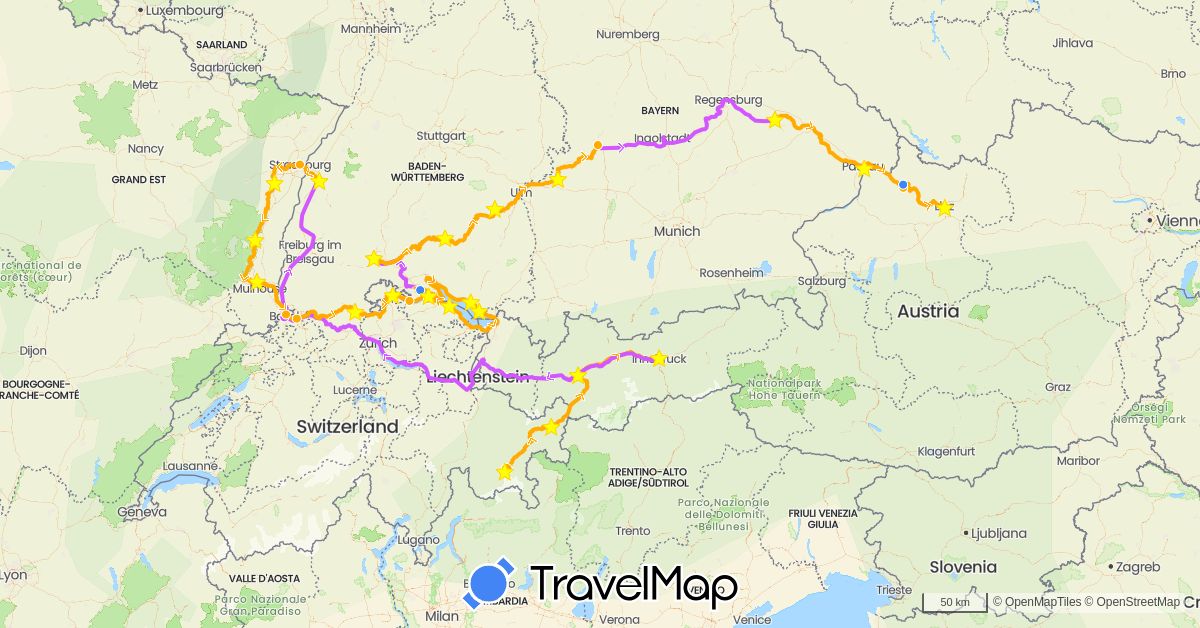 TravelMap itinerary: driving, fahrrad, fähre, zug in Austria, Switzerland, Germany, France (Europe)