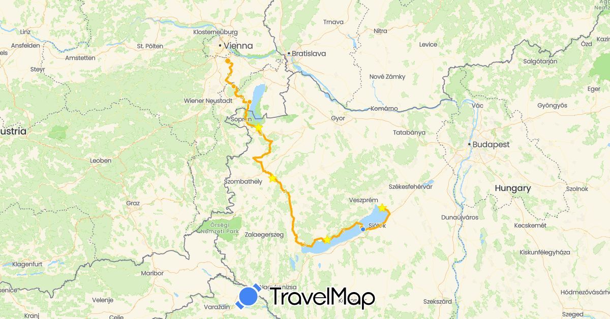 TravelMap itinerary: driving, fahrrad, fähre in Austria, Hungary (Europe)